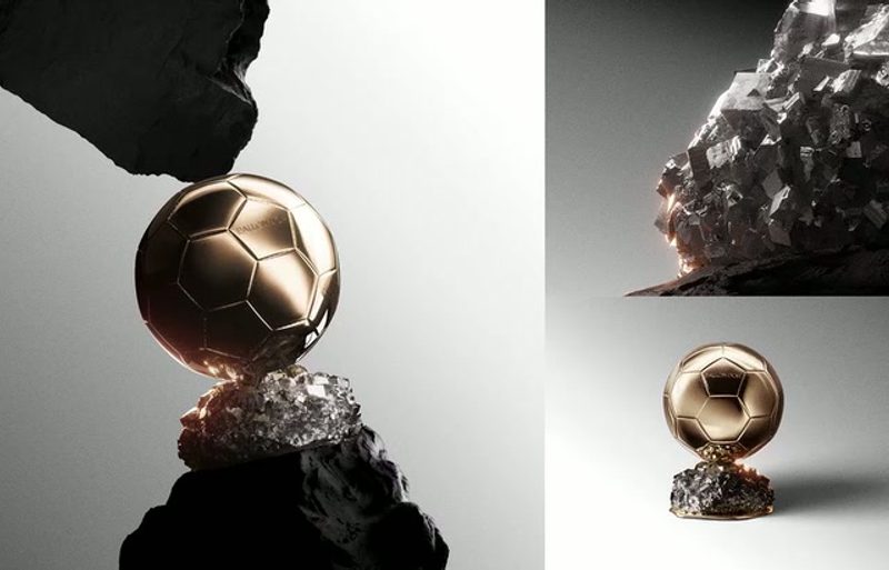 Ballon d'Or Art Direction: Golden ball on rock 3D film, 2026 brand identity by Mathieu Bourneuf & Nolwen Sourdin