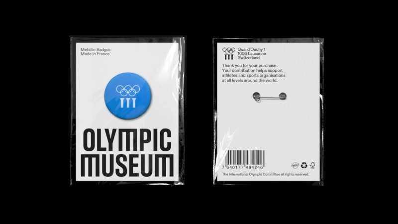 Olympic Museum Product Range: Badge packaging, brand identity by Studio Blackburn